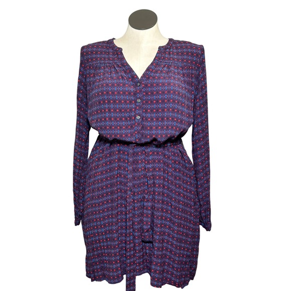 GAP Dresses & Skirts - Gap Womens Large Blue Red Geometric Print Long Sleeve Rayon Belted Shirt Dress